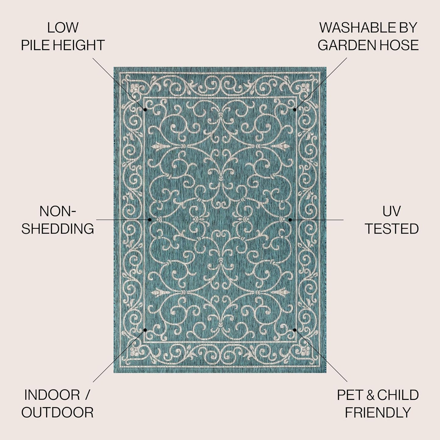 JONATHAN Y Vintage Filigree Indoor Outdoor Square Area Rug 6X6 Teal/Gray, Charleston Textured Weave for Backyard, Patio, Porch, Easy-Cleaning, High Traffic, Pet-Friendly, Non-Shedding (SMB106F-6SQ)