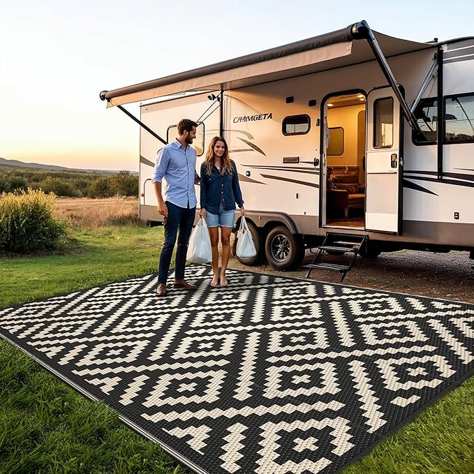 Outdoor Rug for Patio - Waterproof Plastic Straw Camping Rugs 8x10 ft, Reversible Outdoor Indoor RV Mat Carpet for Patio, Porch, Deck, Balcony, Picnic, Beach, Black Beige