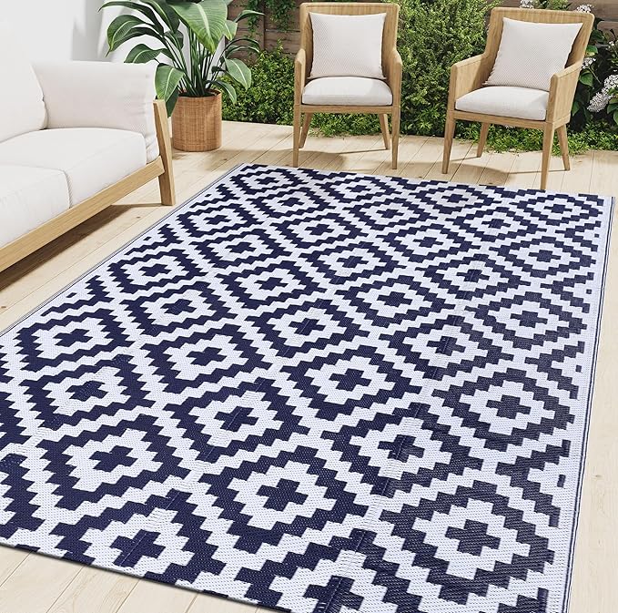 Smiry Waterproof Outdoor Rug 9x12 ft, Reversible Plastic Straw Patio Camping Rugs, Outdoor Indoor RV Mat Carpet for Patio, Outside Entry, Backyard, Deck, Bench, Picnic, Camper, White & Navy
