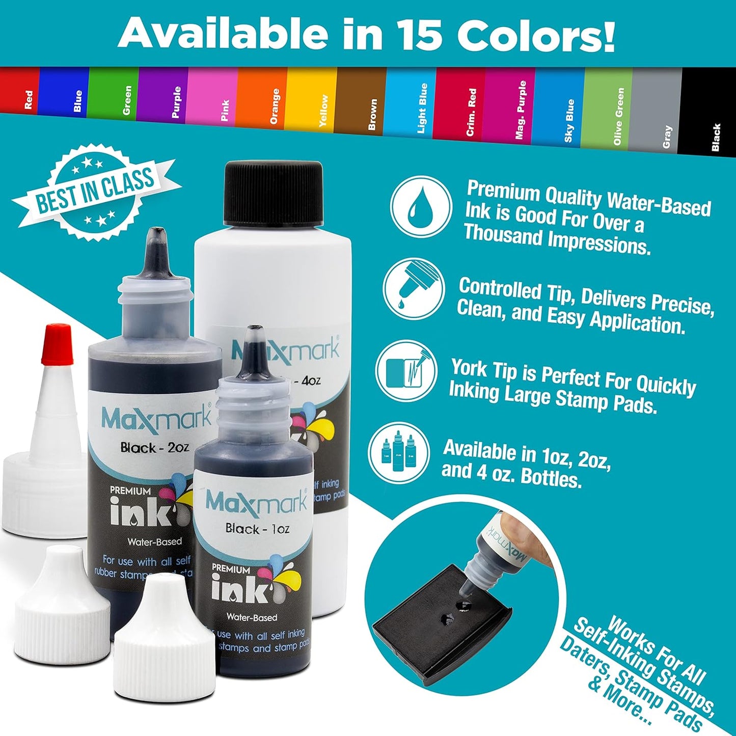 MaxMark Premium Refill Ink for self Inking Stamps and Stamp Pads, Blue Color - 1 oz.