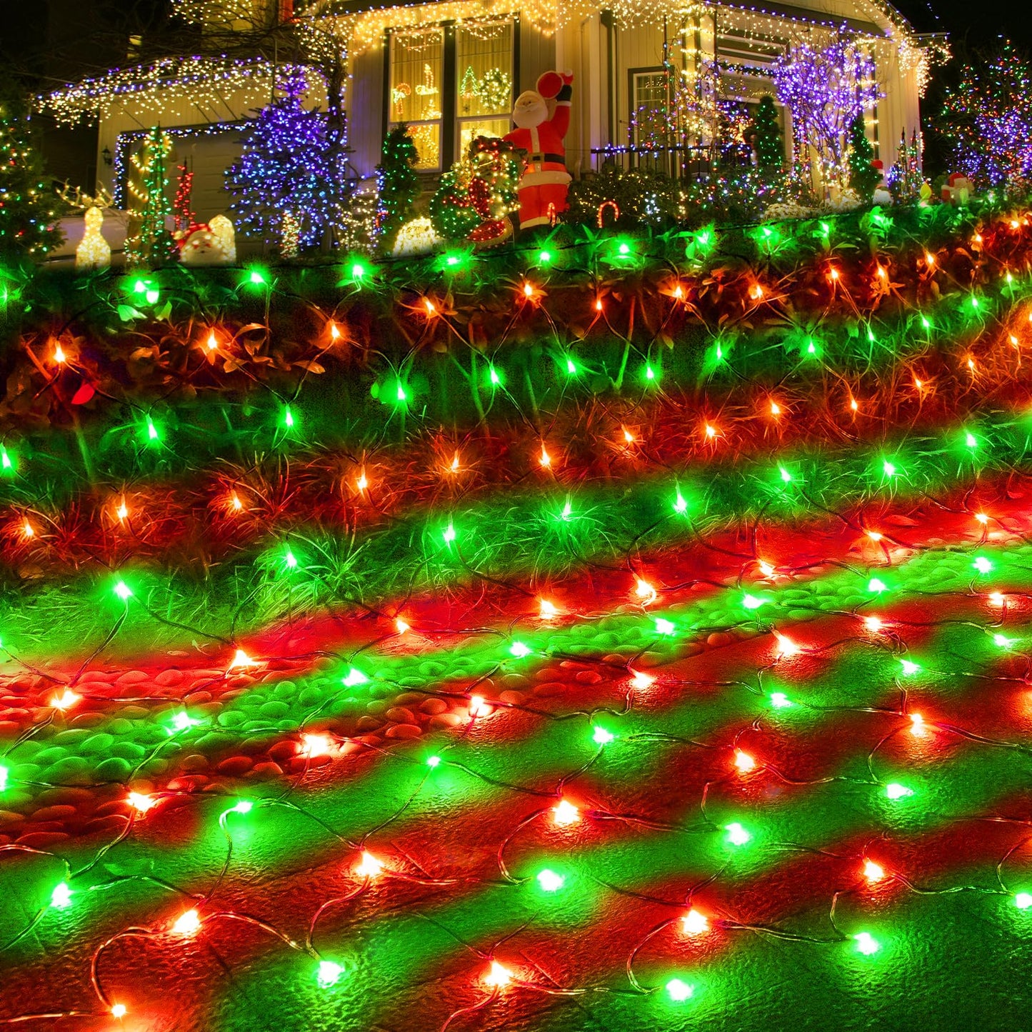 Pooqla Christmas Net Lights, 300 LED Outdoor Mesh Lights, 14.8x4.9 ft, Green Wire, Waterproof, Red and Green
