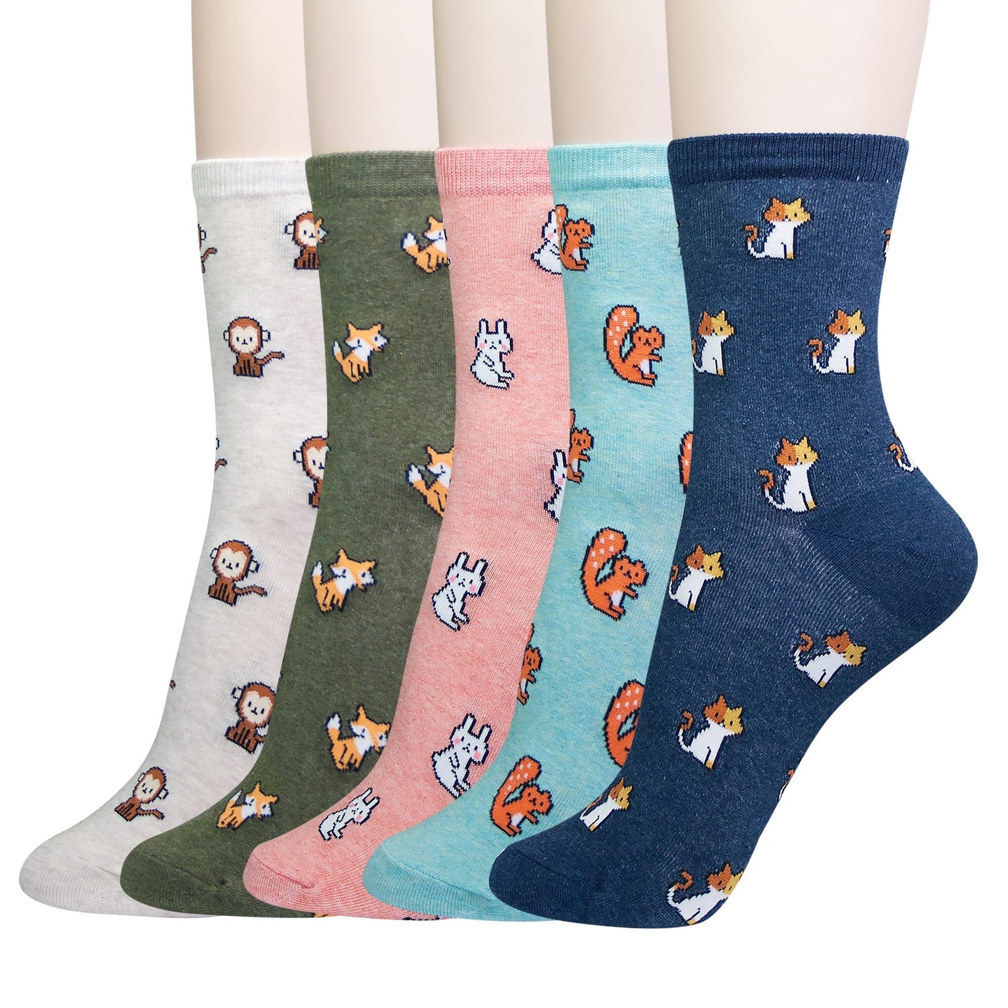 KONY Women's Girls Casual Funny Novelty Crew Socks Cute Animal Cat Rabbit Squirrel Pattern - Gifts for Animals Lovers (Mini Animals - 5 Pairs)
