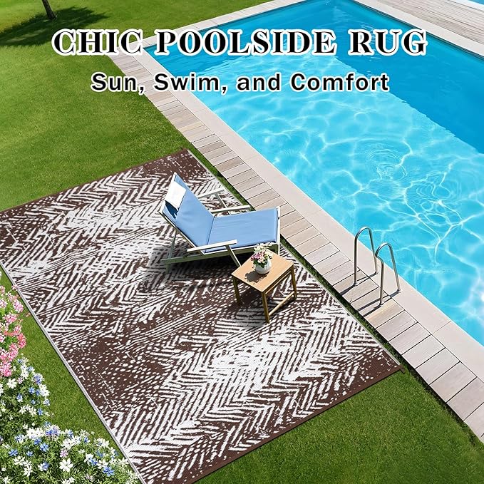 Outdoor Patio Rug 5x8 Brown, Waterproof Modern Reversible Outdoor Plastic Straw Rugs RV Camping Mat UV-Resistant Outside Carpet Portable Area Mats for Garden Balcony Deck Picnic Beach