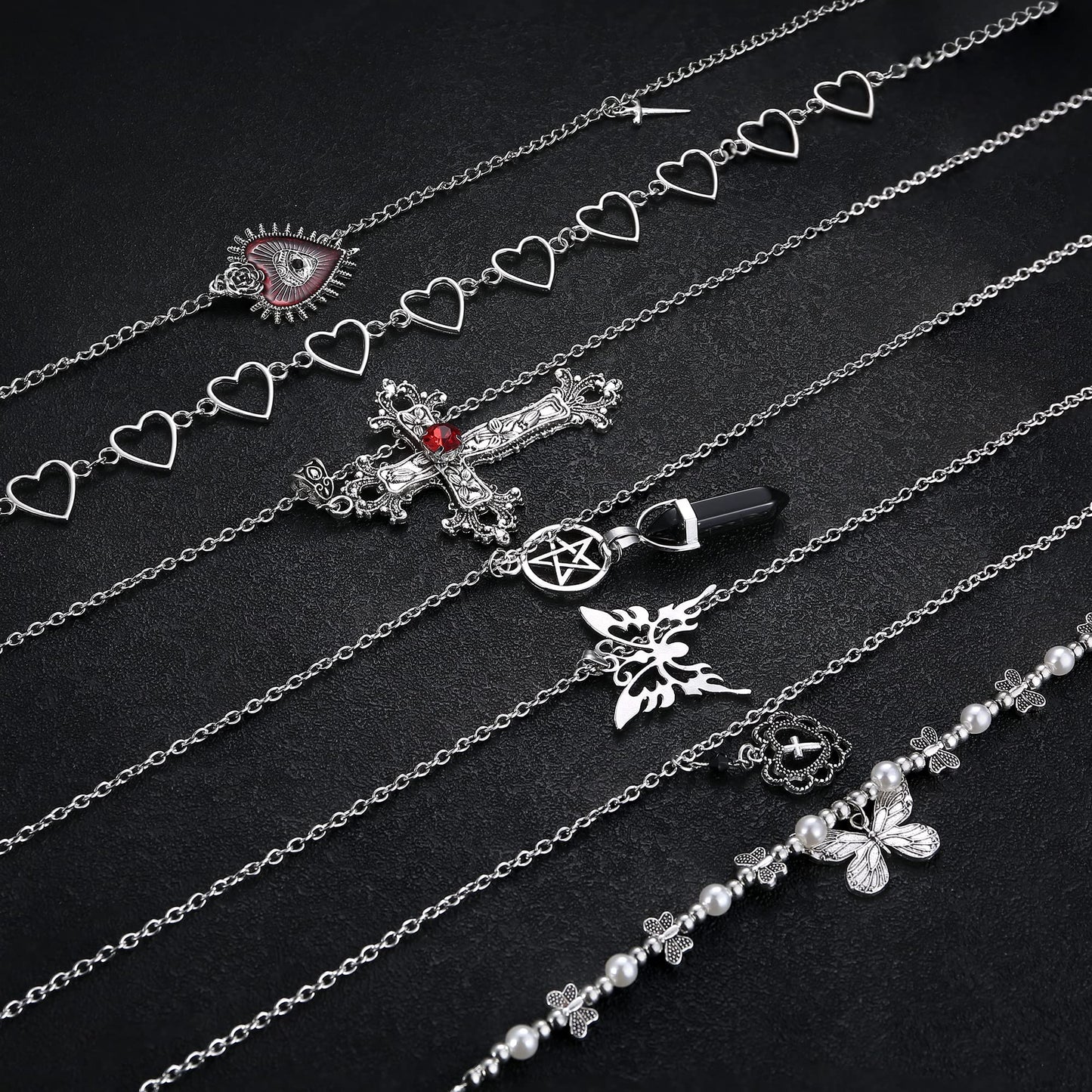 Subiceto 33Pcs Grunge Vintage Punk Necklace Jewelry Set Gothic Earrings Fairy Butterfly Boho Crystal Y2k Cross Pendent Butterfly Heart Choker Goth Stackable Knuckle Rings Adjustable