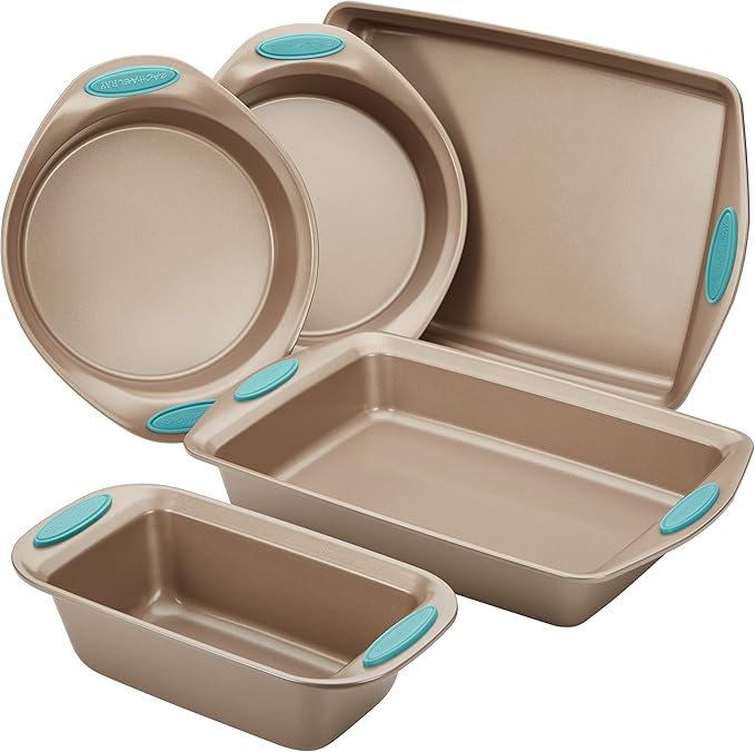 Rachael Ray Cucina Nonstick Cookware Pots and Pans Set, 12 Piece, Cranberry Red & Cucina Bakeware Set Includes Nonstick Bread Baking Cookie Sheet and Cake Pans, 5 Piece