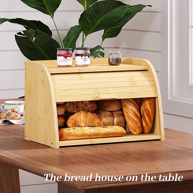 Bread box for kitchen countertop, Bamboo bread storage, Roll-Top bread container, Farmhouse bread holder for homemade bread (single layer)