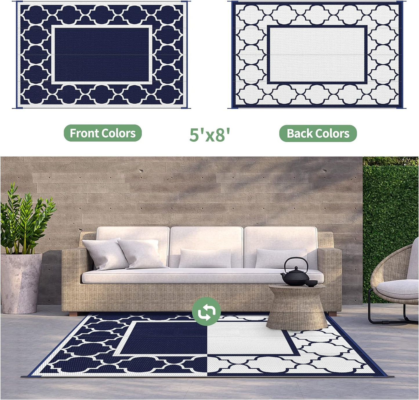 GENIMO 5' x 8' Outdoor Rug Waterproof for Patio Decor, Foldable Reversible Plastic Straw Area Rugs Mat for Camper, Outside Carpet for Rv, Deck, Porch, Picnic, Beach, Balcony, Blue & White