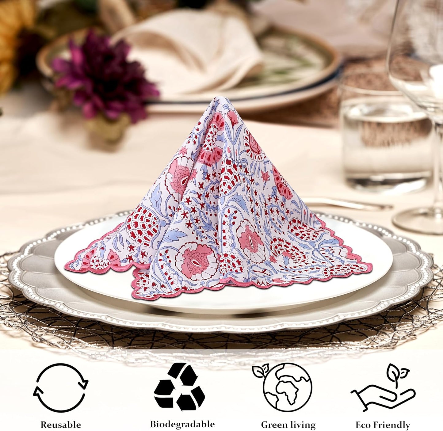 Ridhi Pigeon Blue Hand Block Print Napkins 18" x 18" Set of 4 Reusable Cotton Dinner Napkins for Weddings, Parties & Everyday Dining, Thanksgiving, Christmas, Fall