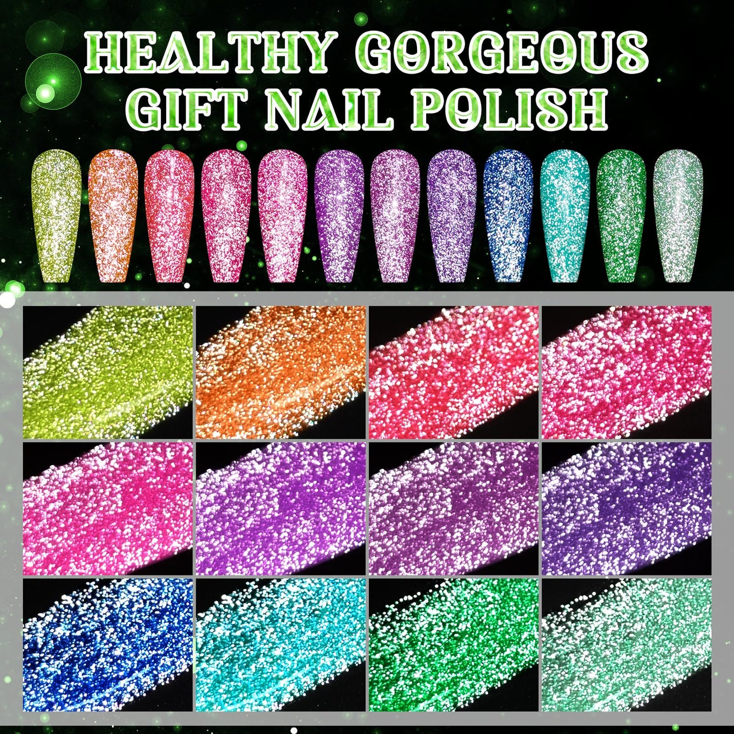 MTSSII Reflective Glitter Neon Gel Nail Polish Set, 12 Colors Gel Nail Polish Set Nails Gel Blue Hot Pink Purple Green Soak Off