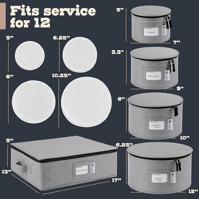 Hard Shell China Storage Containers 5-Piece Set Moving Boxes for Dinnerware, Glasses, Plates, Mugs and Saucers Sturdy Dish Organizer with Dividers for Seasonal Storage - Service for 12 - Gray