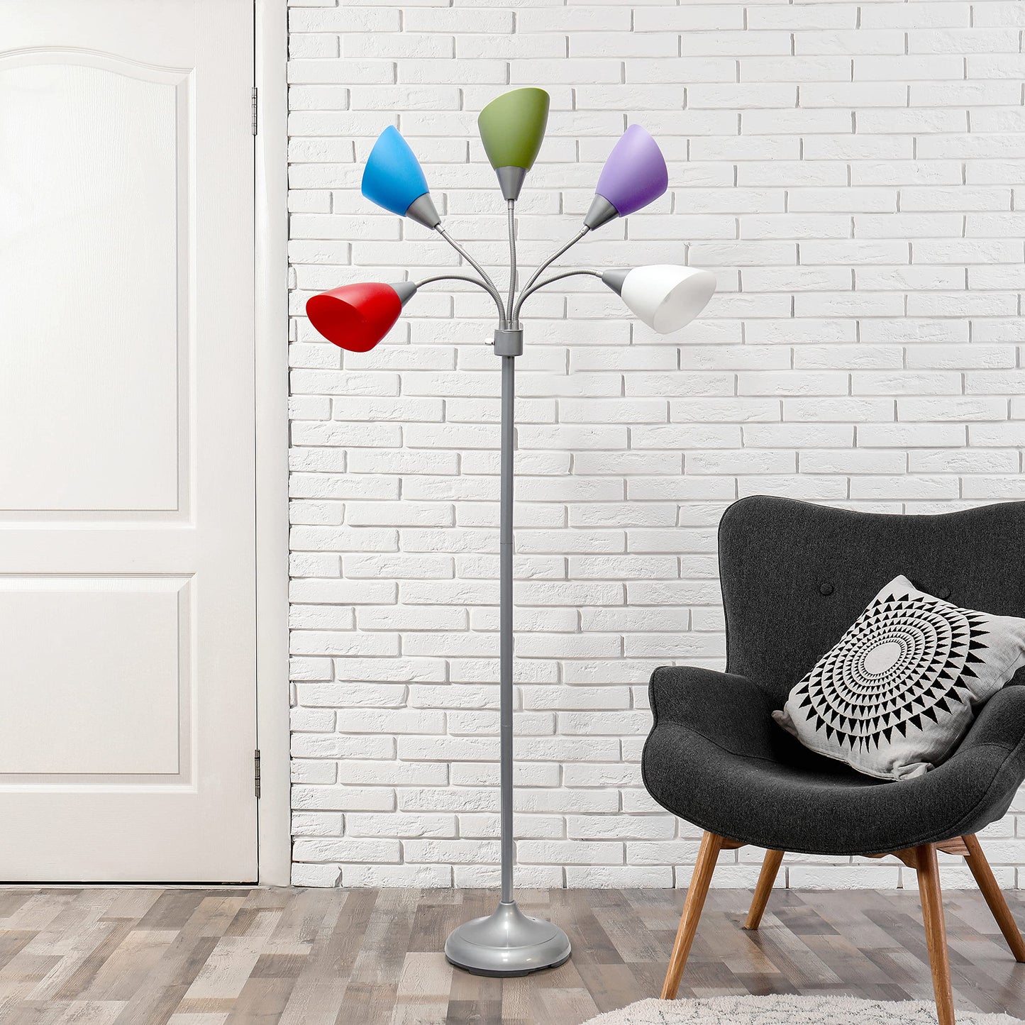 Simple Designs LF2006-SDM 67in Multi Head Gooseneck Floor Lamp, Silver/Primary Multicolor Shades, Plastic, Ideal for Kids Bedroom, Playroom, Office