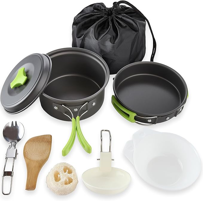 MalloMe Camping Cookware Mess Kit for Backpacking Gear – Camping Cooking Set - Camping Pots and Pans Set - Backpacking Stove/Portable Stove Compatible - Camp Kitchen Equipment Accessories Pot
