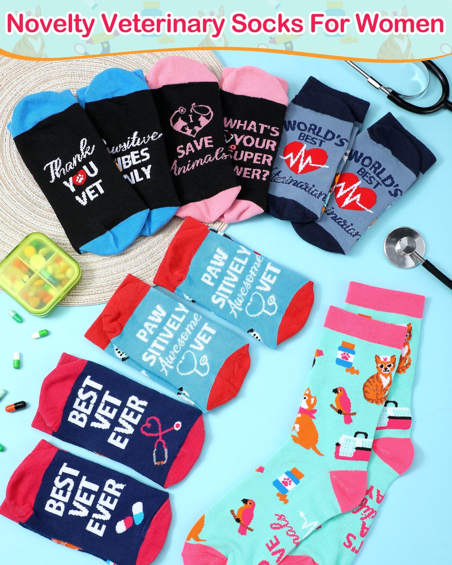 Skicuff 6 Pairs Veterinary Socks for Women Men Novelty Veterinarian Cotton Crew Socks Veterinary Week Gift for Pet Doctor Vet Tech