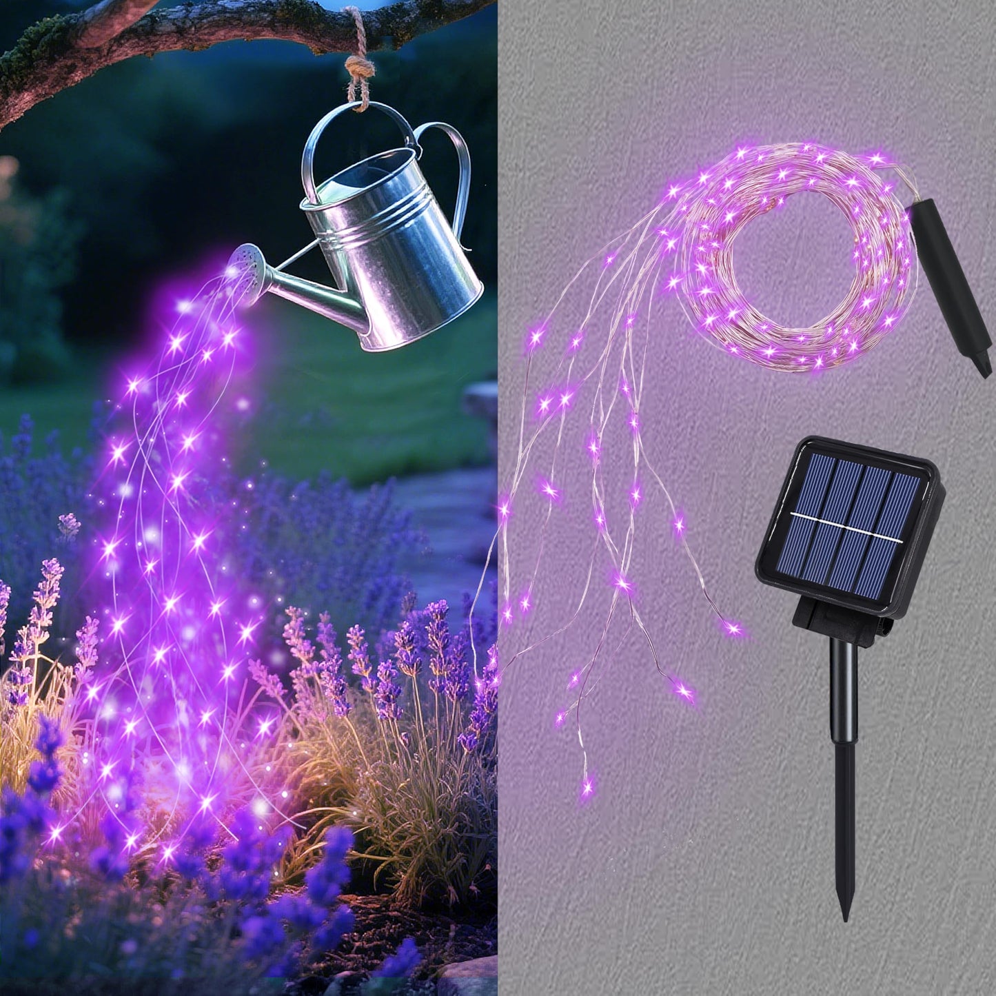 ANGMLN Solar Waterfall Fairy Bunch Lights, 200 LEDs, Purple, Waterproof, 8 Modes, Model MBSHD, Outdoor Garden Decorations