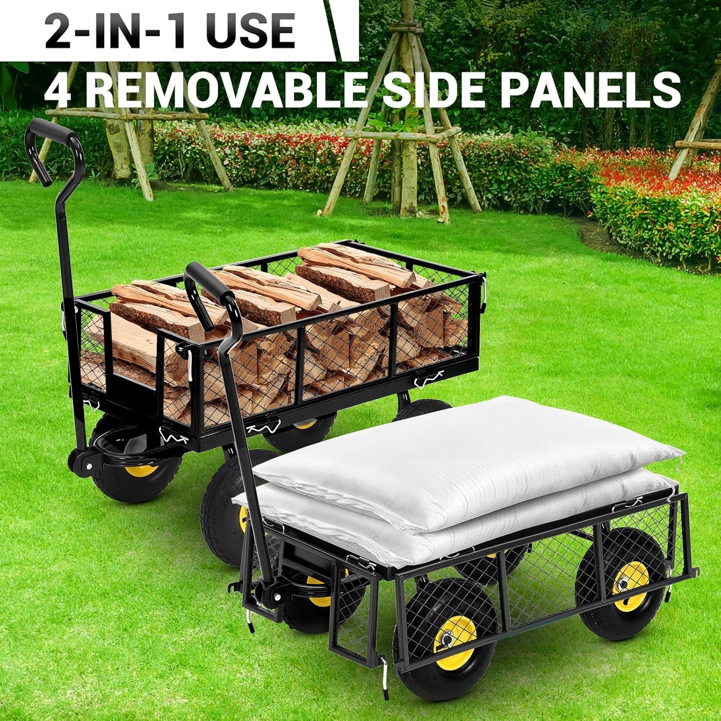 Steel Garden Cart on Wheels, 880LBS Pullable Metal Garden Wagon, 180° Rotating Handle and Removable Sides for Outdoor, Farm, Yard, Beach