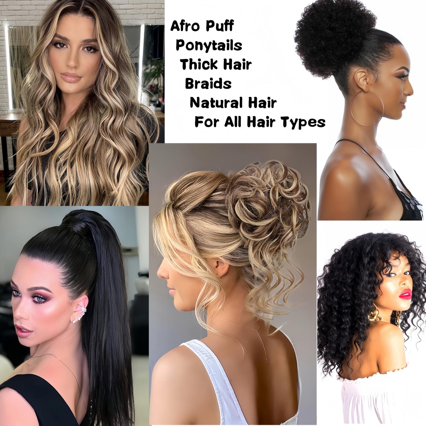 6 Pcs Black Large Adjustable Length Satin Hair Ties for Afro Puff,Thick Black Hair Band, Silk Soft Ponytail Holders,Perfect for