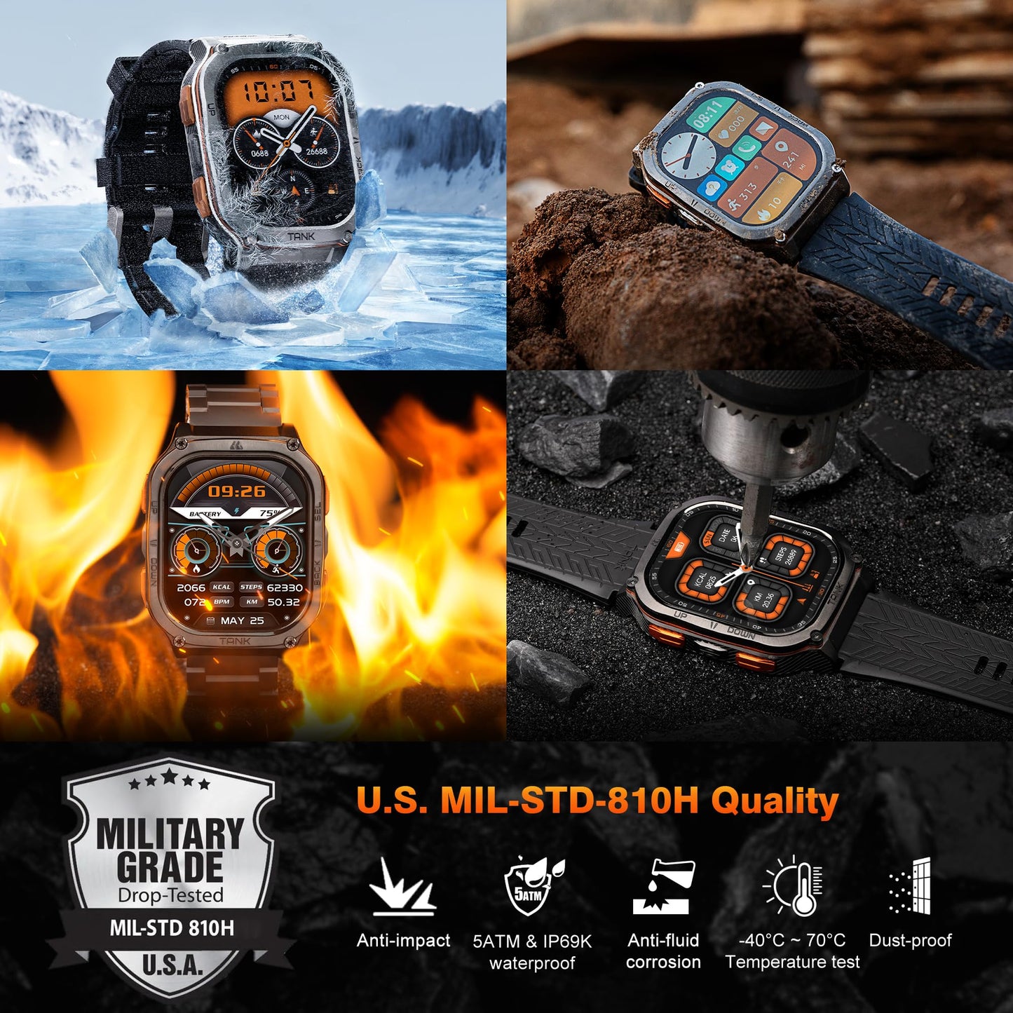 KOSPET Tank M3 Ultra GPS Smart Watch, 50M Waterproof, Compass, Altitude, Air Pressure, 480mAh Large Battery, Stainless Steel, Bluetooth Call, 1.96'' AMOLED Always-on Display, AI Voice, Metal Band