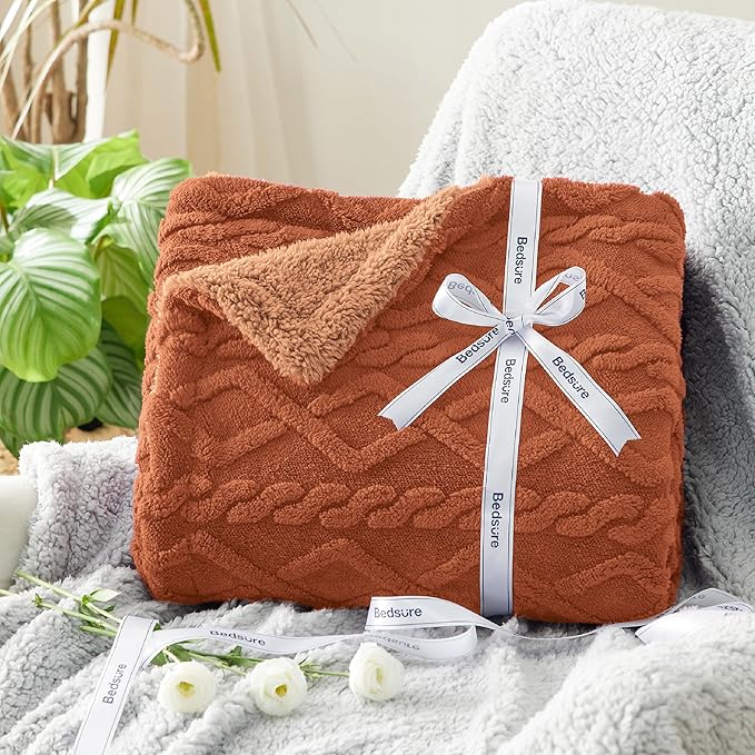 Bedsure Sherpa Queen Size Blanket for Bed - GentleSoft Fleece Fluffy & Cozy Cable Jacquard Tufted for Women Gift, Thick and Warm Blankets for Winter, Orange, 90x90 Inches