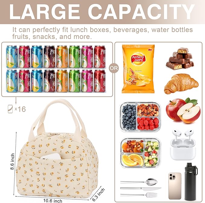 Lunch Bag - Insulated Lunch Box for Women, Reusable Large Capacity Cooler Bag for Adult, Small Leakproof Cute Corduroy Lunch Tote for Work Office Travel Picnic (Corduroy Chrysanthemum)