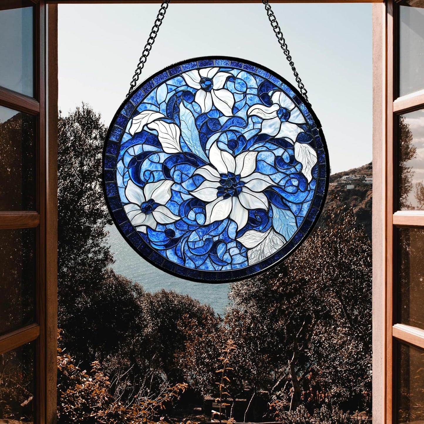 Stained Glass Window Hanging - Blue White Flowers Suncatcher for Doors Garden Patio Boho Style Sun Catchers Decor Christmas Mother's Day Birthday Gifts for Women Men Mom Nana Friend 9.8 in