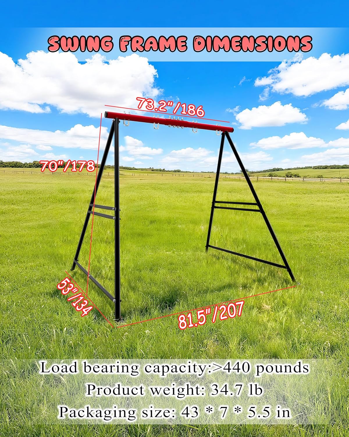 Porch Swing Stand Frame for Both Kids and Adults,440Lbs Heavy-Duty Metal A-Frame for Swing Sets for Backyard (Frame Only) (Deep Red-2person)