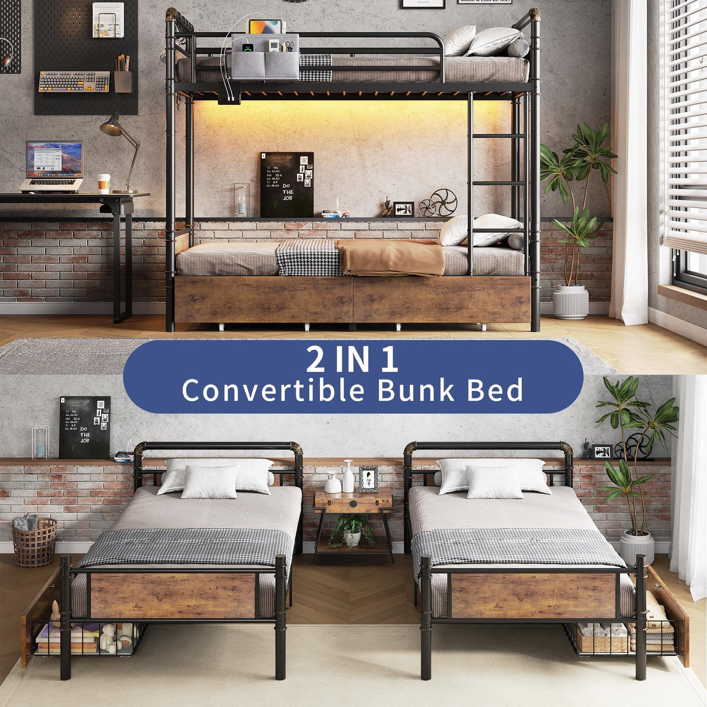 Jocoevol Metal LED Bunk Bed Twin Over Twin with 2 Storage Drawers, USB Charging Station, Industrial Bunkbeds Heavy Duty Bed with Safety Guardrail and Ladder, No Box Spring Needed, Vintage Brown