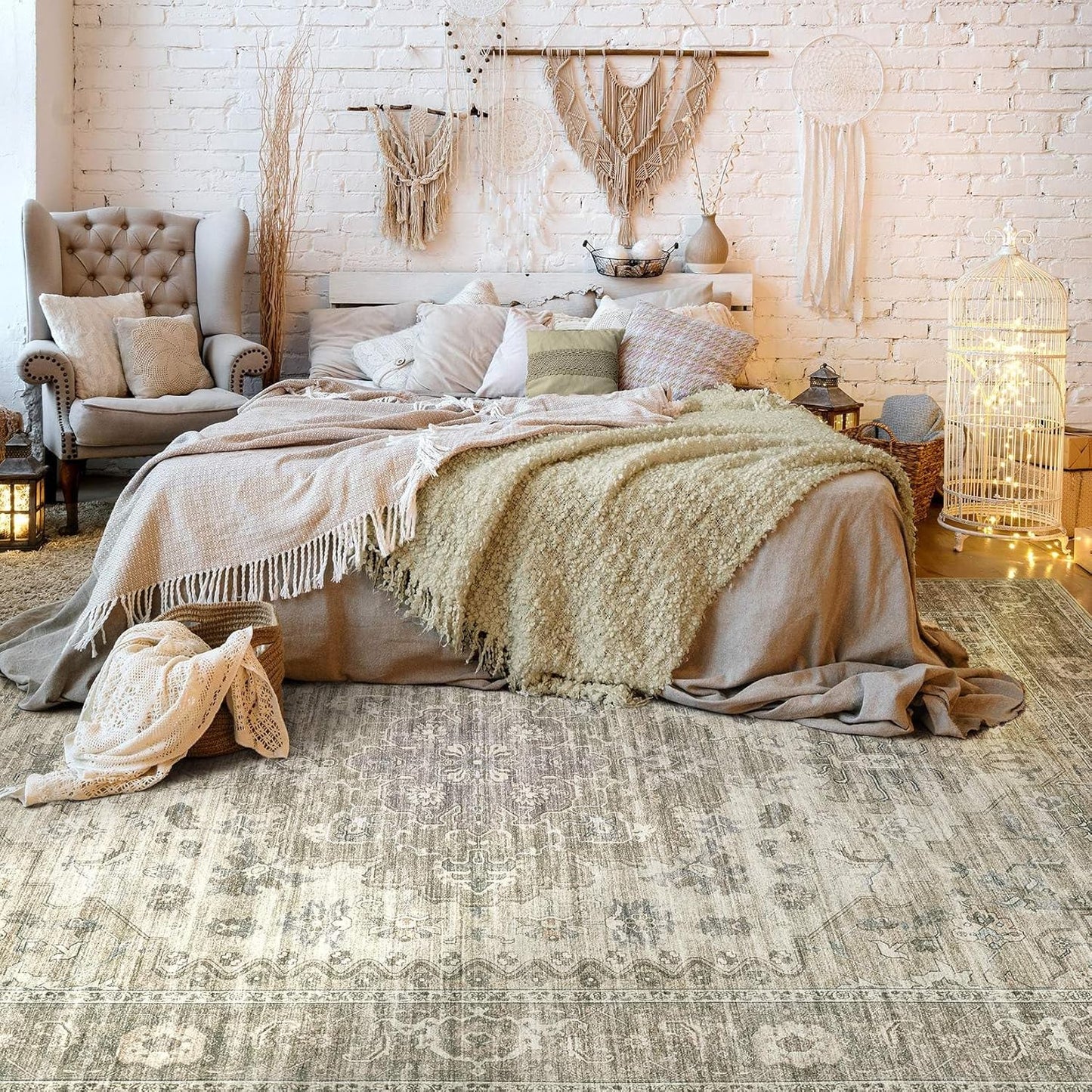 Washable Area Rugs for Living Room -9x12 Neutral Vintage Distressed Floral Farmhouse Boho Large Soft Floor Rug Indoor Non Slip Carpet for Living Room Bedroom Dining Room Office - Brown/Tan
