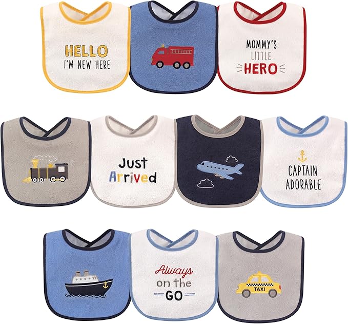 Luvable Friends Baby Cotton Terry Drooler Bibs with PEVA Back, Transportation, One Size