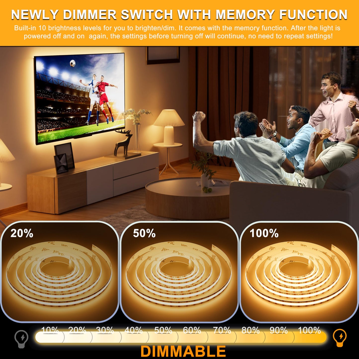 PAUTIX LED Strip Light 6.56ft USB Warm White 2700K 640 LEDs Dimmable Polycarbonate