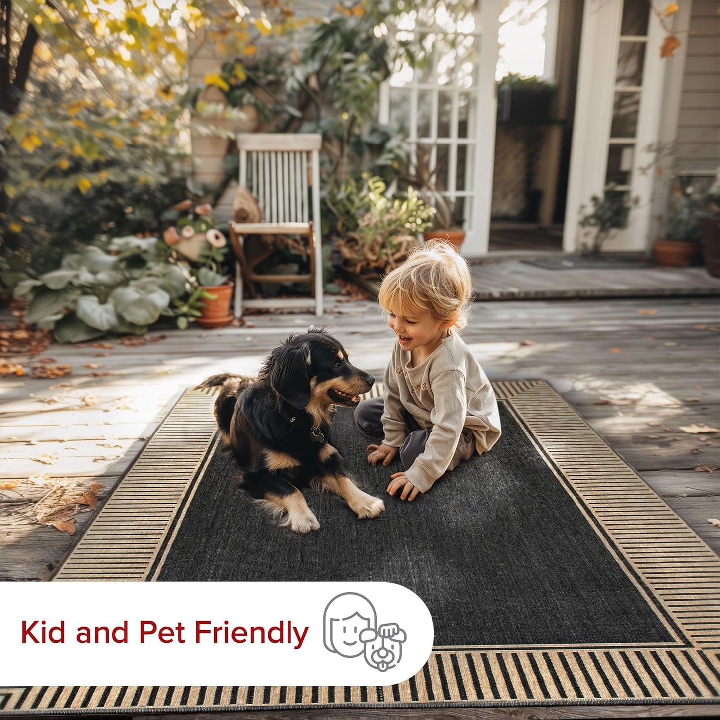 nuLOOM 3'6" x 5' Outdoor Area Rug, Casual Design With Striped Border, Stain Resistant, Highly Durable, For Patio, Balcony, Bedroom, Living Room, Dining Room, Bathroom, Dark Grey