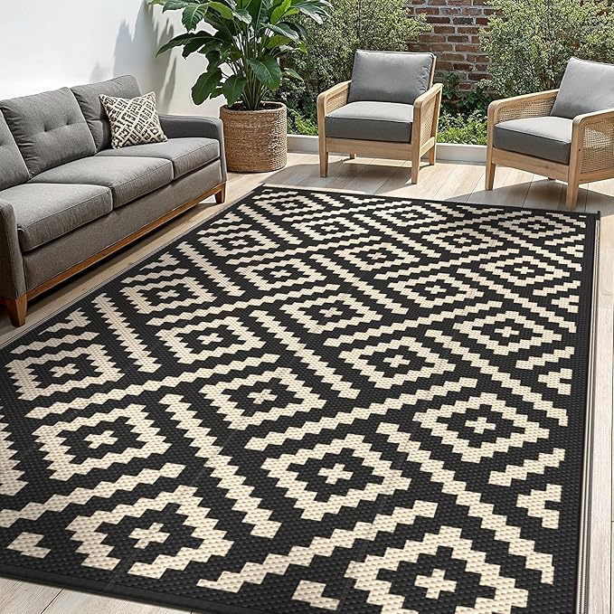 Outdoor Rug for Patio - Waterproof Plastic Straw Camping Rugs 4x6 ft, Reversible Outdoor Indoor RV Mat Carpet for Patio, Porch, Deck, Balcony, Picnic, Beach, Black Beige