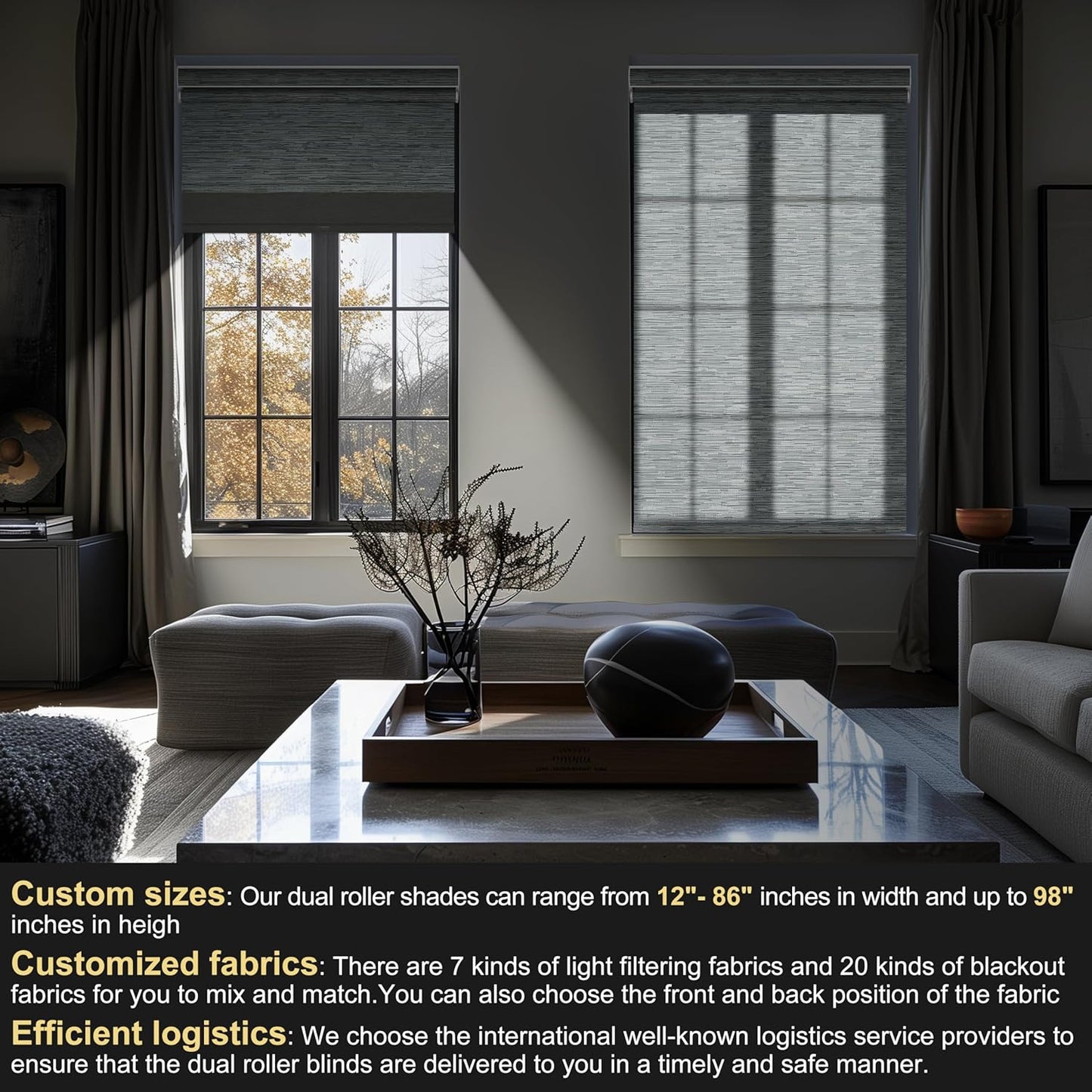 BERISSA Cordless Dual Roller Shades with Cassette Valance,Double Window Shades Blackout and Light Filtering Shades,Day and Night Roller Shades for Home Office Door.Striped Jacquard Grey.59 W x 72" H