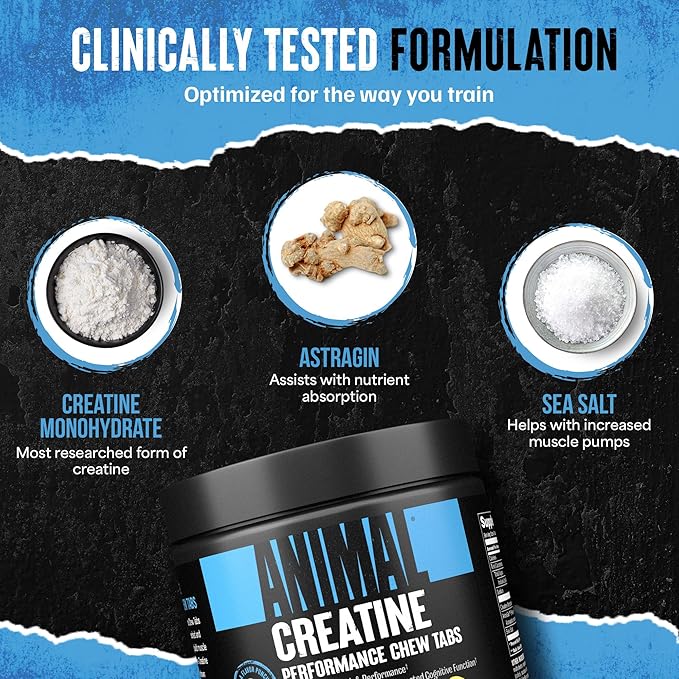Animal Creatine Chews Tablets - Enhanced Creatine Monohydrate with AstraGin to Improve Absorption, Sea Salt for Added Pumps, Delicious and Convenient Chewable Tablets - Lemon Ice
