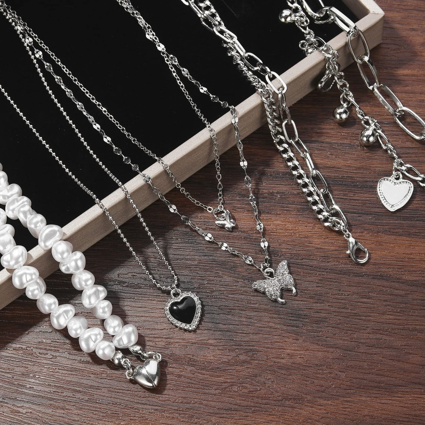 IFKM 21 PC Silver Plated Jewelry Set with 3 Necklace, 3 Bracelet, 15 Knuckle Rings for Women - Valentine, Anniversary, Birthday, Friendship - Cute Fashion Gifts