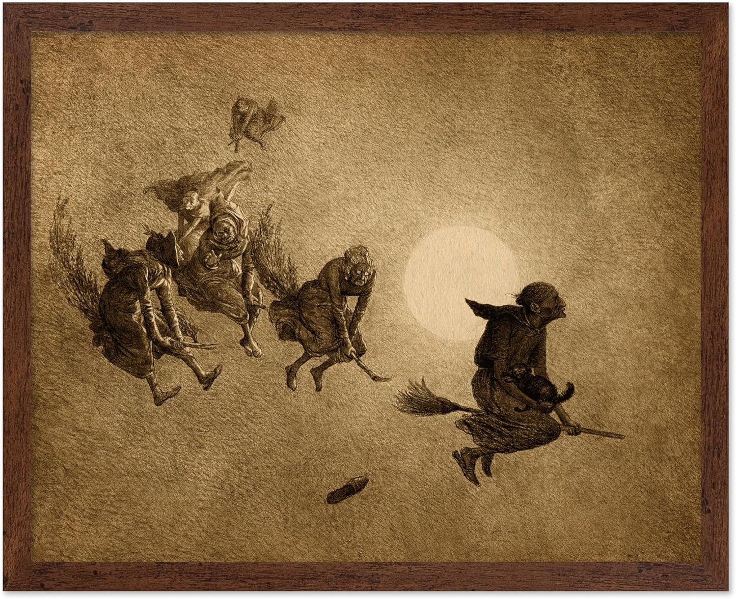 Poster Master Vintage William Holbrook Beard Poster - Retro Occult Print - Gift for Gothic, Horror Fan - The Witches Ride, Pagan, Goth, Magic - Wall Decor for Bedroom, Dorm, 16x20 Brown Framed