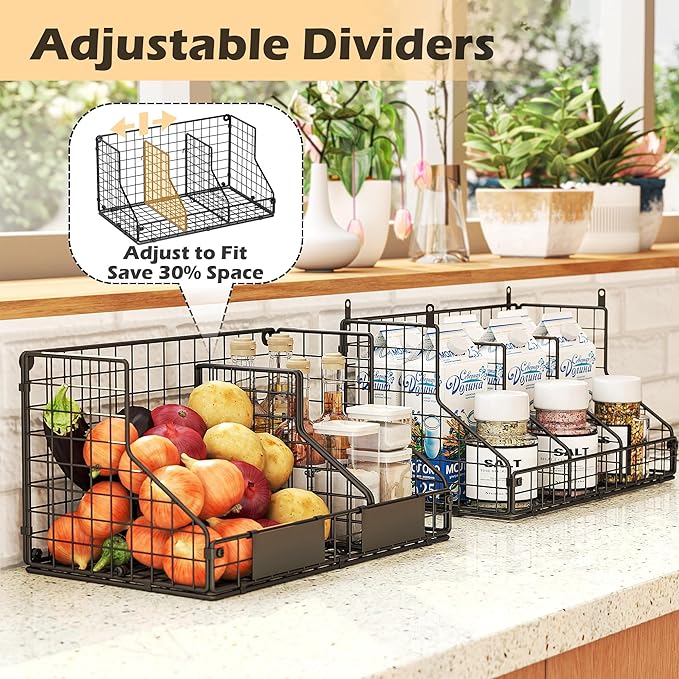2-Tier Stackable Pantry Organizers and Storage, Can Organizer for Pantry and Soda Can Organizer, Metal Wire Rack with 4 Adjustable Dividers Holds 60+ Cans for Cabinet Countertop