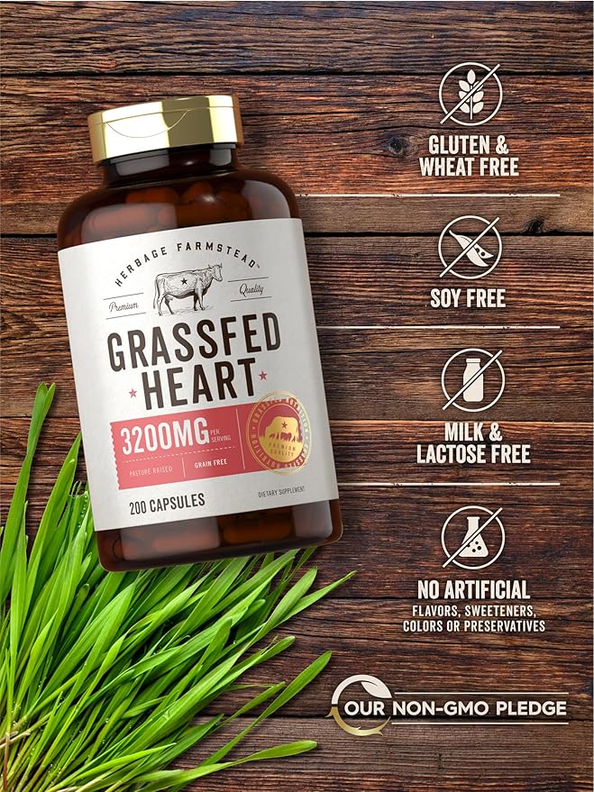 Carlyle Grass Fed Beef Heart Supplement | 3200mg | 200 Count | Desiccated Pasture Raised Bovine Capsules | Non-GMO, Gluten Free | by Herbage Farmstead