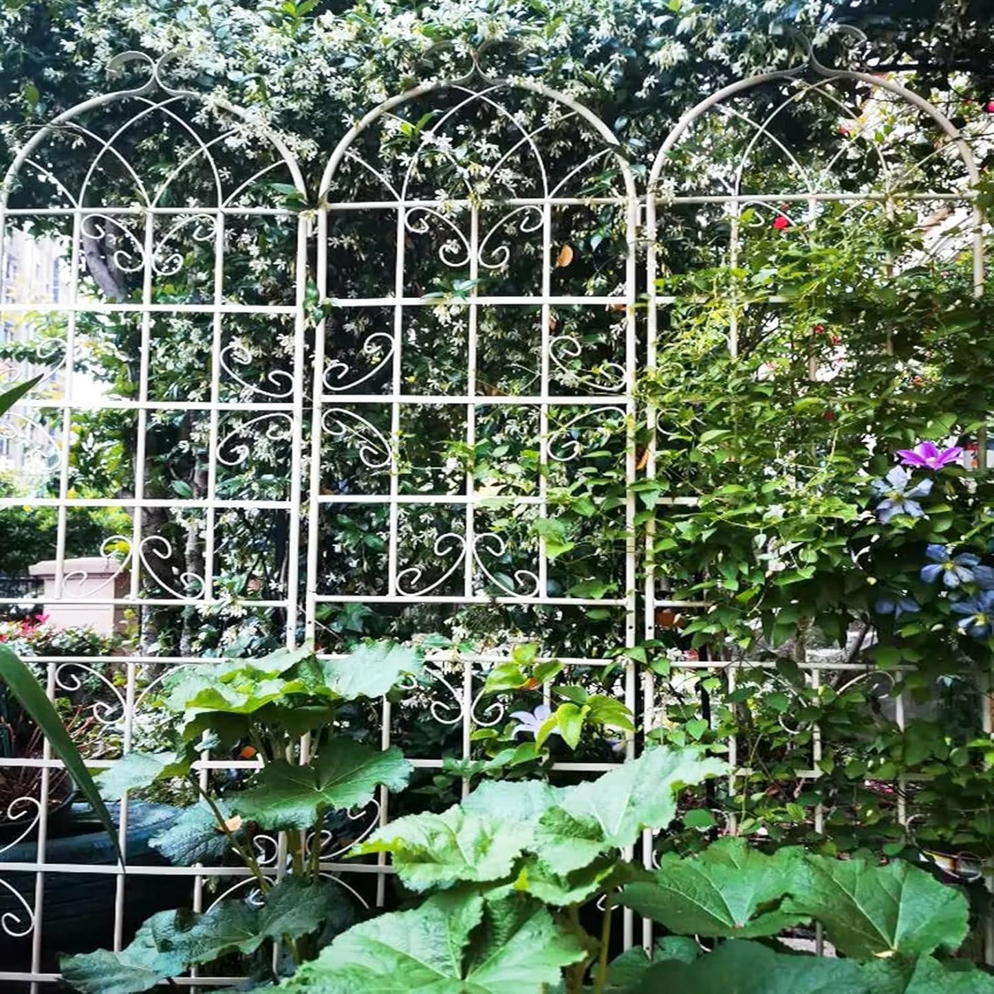 4 Pack Metal Garden Trellis for Climbing Plants, 86.7" Tall Rustproof Outdoor Trellis Panel with Vine Design, Decorative Black Iron Plant Support for Vine, Rose, Flower, Garden Wall, White