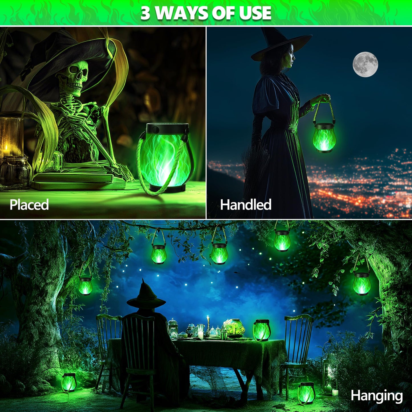 Ibaycon 2 Pack Solar Lanterns Lights  Halloween Flickering Flame Garden Lights With 2 Modes Dual Charging Usb & Solar  Outdoor Waterproof Hanging Lantern For Party Holiday Halloween Decor (Green)