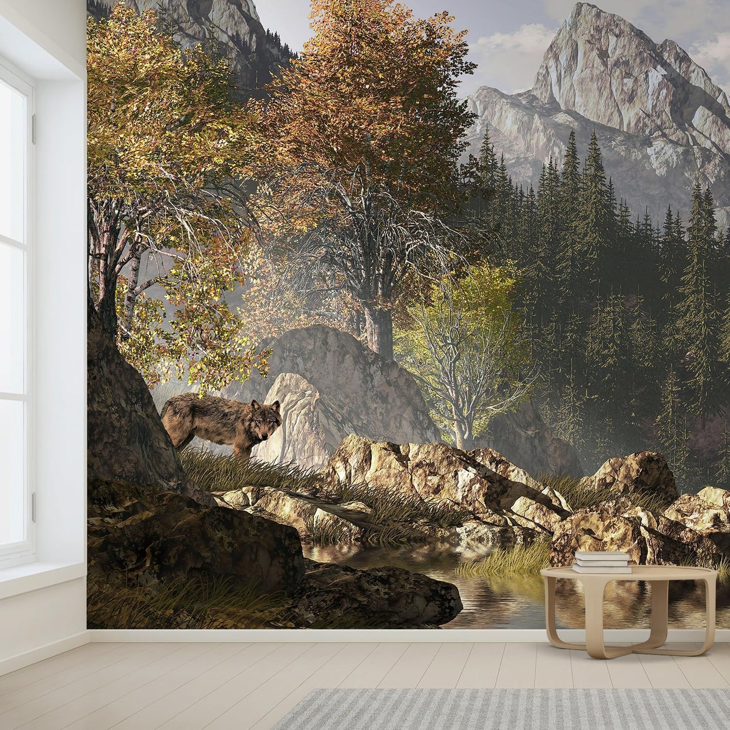 wall26 Wolf Near a Lake in a Rocky Mountain Landscape. Removable Wall Mural | Self- 132x168 inchesAdhesive Large Wallpaper - 132x168 inches