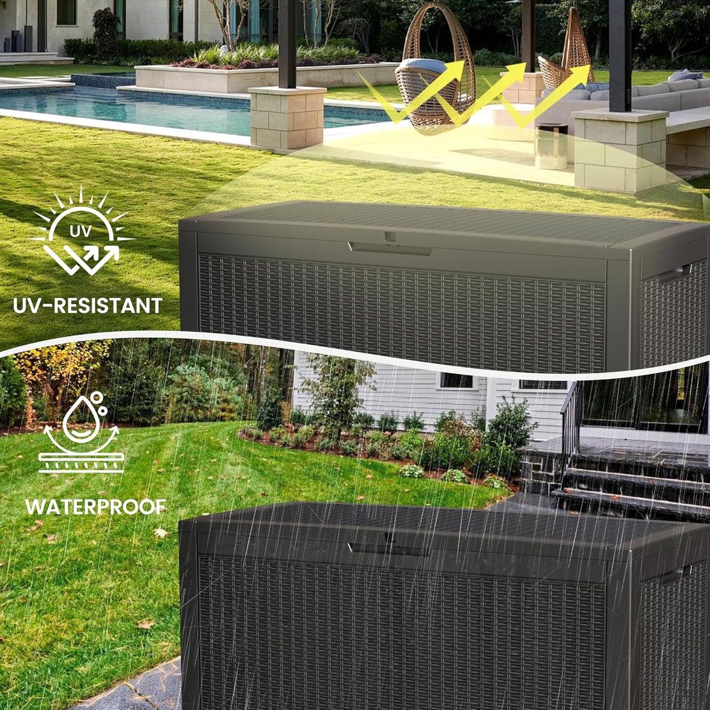 100 Gallon Storage Box, Waterproof Resin Deck Box with Hydraulic Piston Design, Lockable Storage Bench for Package Delivery, Storage Bin for Patio Cushions, Garden Tools, Black