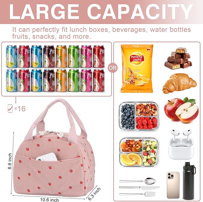 Lunch Bag - Insulated Lunch Box for Women, Reusable Large Capacity Cooler Bag for Adult, Small Leakproof Cute Corduroy Lunch Tote for Work Office Travel Picnic (Corduroy Strawberry Pink)