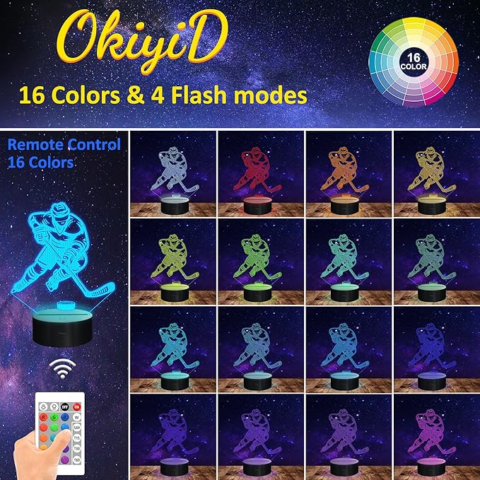 Hockey Gifts for Boy, 3D Illusion Lamp, 3D Hockey Night Light with 16 Colors Remote and Touch Control, Ice Hockey Decor for Kids Room, Boys Girls Birthday Gifts, FS-2810-9999