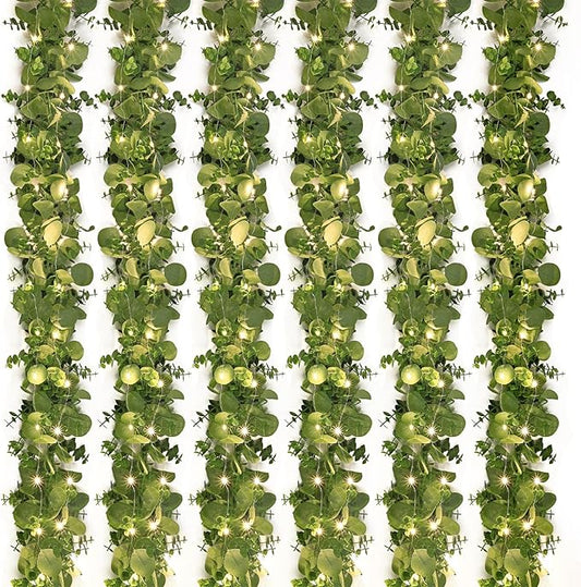 Dolicer 6 Packs 6FT Artificial Eucalyptus Garland with LED Light String, Faux Greenery Garland Hanging Fake Silver Dollar ...