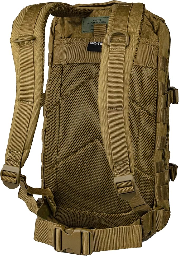 Mil-Tec Unisex Assault Pack - Rugged Durable Lightweight Ergonomic Versatile Tactical Outdoor Camping Hiking Backpack with Adjustable Padded Shoulder Straps & MOLLE Loops, Coyote, 20L