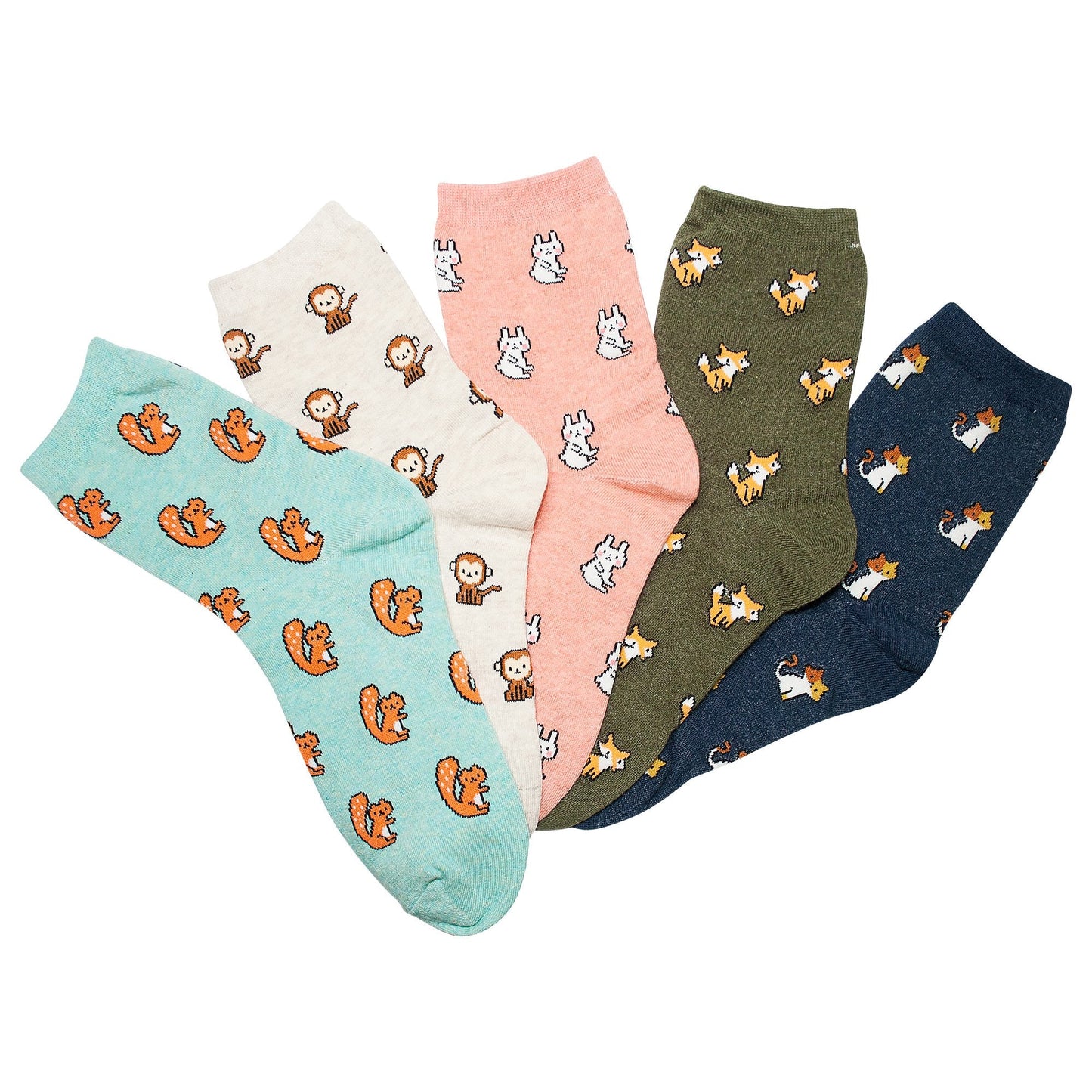 KONY Women's Girls Casual Funny Novelty Crew Socks Cute Animal Cat Rabbit Squirrel Pattern - Gifts for Animals Lovers (Mini Animals - 5 Pairs)