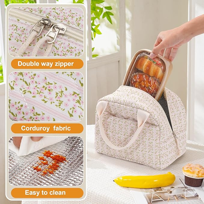Lunch Bag for Women Insulated Lunch Box Reusable Cooler Bag Portable Cute Floral Quilted Cotton Bag Leakproof Tote Bags for Travel, Work, and Picnic, Stripe and Flower