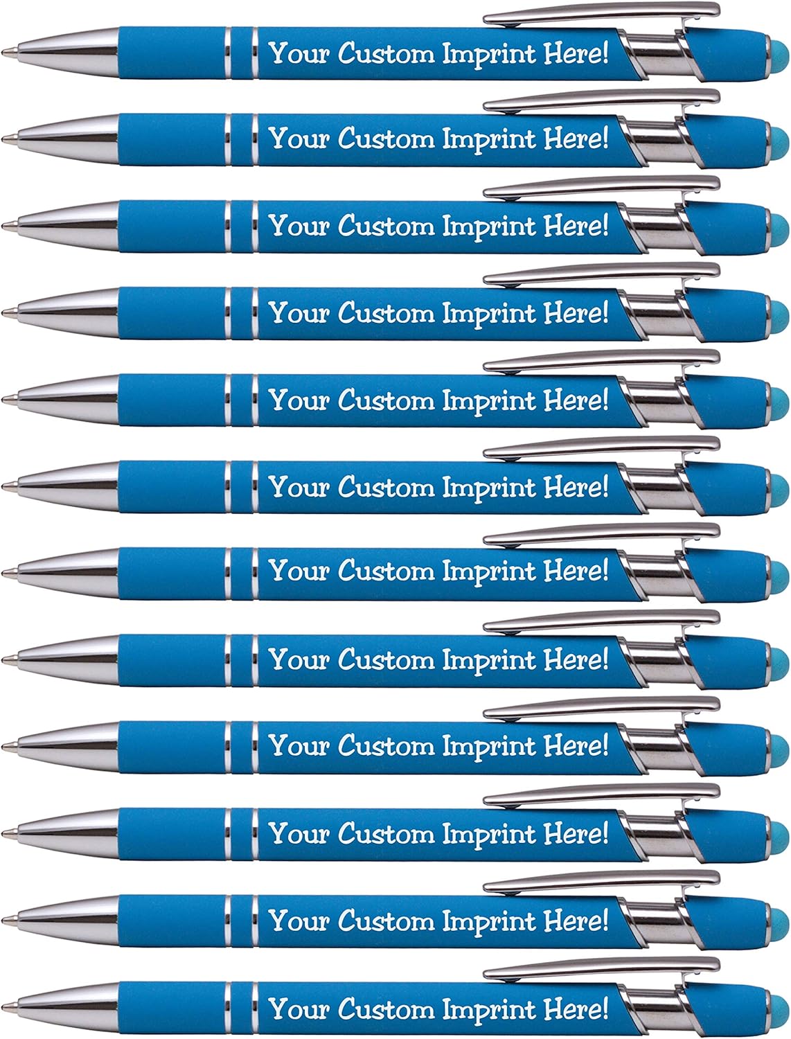 ExpressDesigns™ - Premium Custom Pens with Stylus | Burst of Color | Personalized Soft Touch Metal Printed Name Pens w/Black Ink - Imprinted w/Logo or Message - 12 pcs/pack (Light Blue)