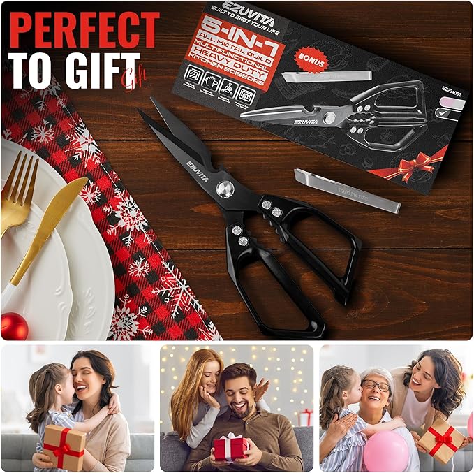 5-in-1 Multifunctional Heavy-Duty Kitchen Scissors with Tweezer, Black All Purpose Kitchen Shears with Titanium Coated Stainless Steel Blades, Dishwasher Safe Poultry Shears