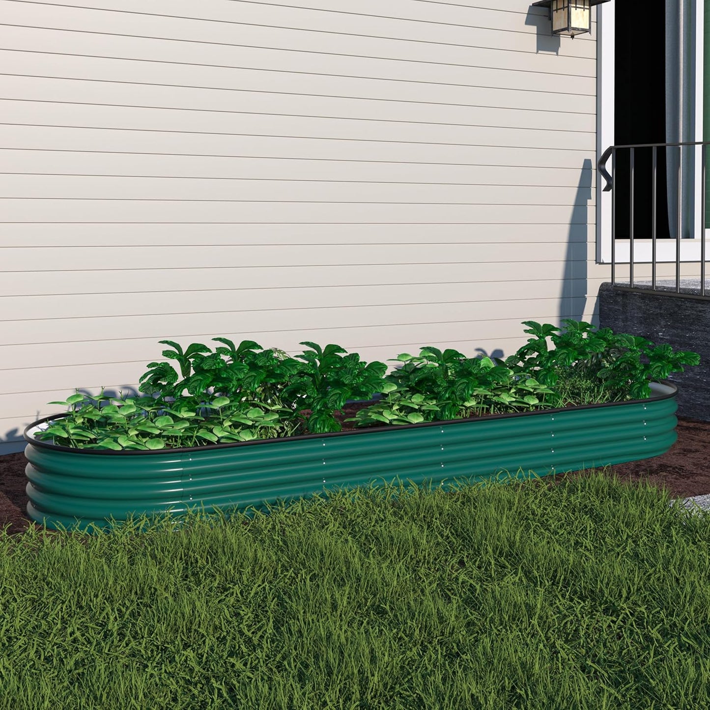 MUPATER 8x2FT Outdoor Raised Garden Bed, 9-in-1 Galvanized Metal Planter Box for Vegetables, 11.1'' H Modular Garden Bed Kit Oval for Herbs and Flowers, Green